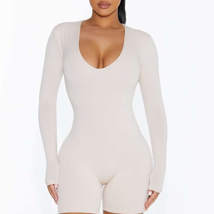 Naked Wardrobe V-Ery Plunged Romper In Oatmeal